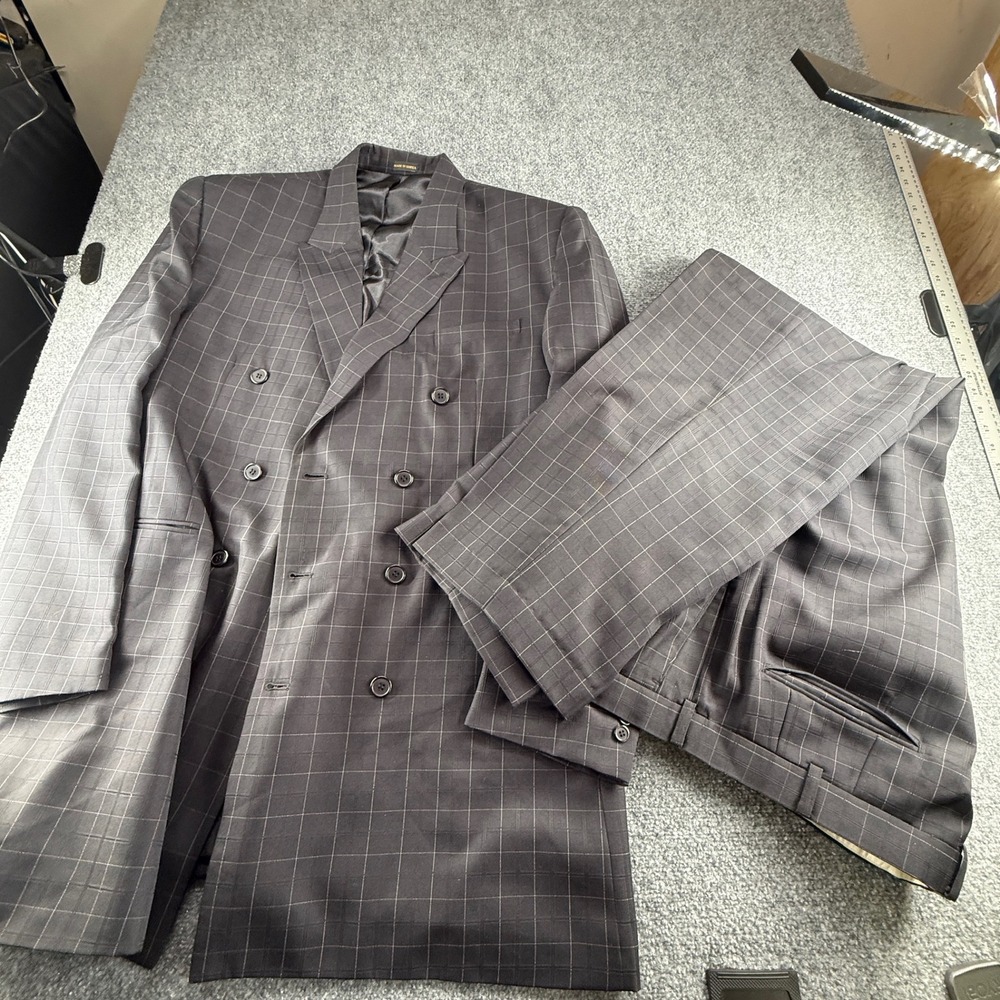 Pontelli Uomo Mens Double Breasted Suit 48L 43W Charcoal Windowpane Grid Grey